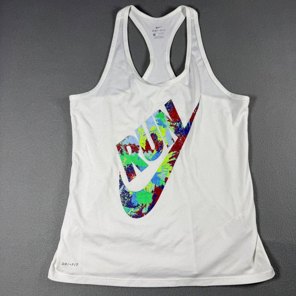 Nike Womens Tank Top Small White RUN Graphic Racerback Dri-FIT Polyester Active